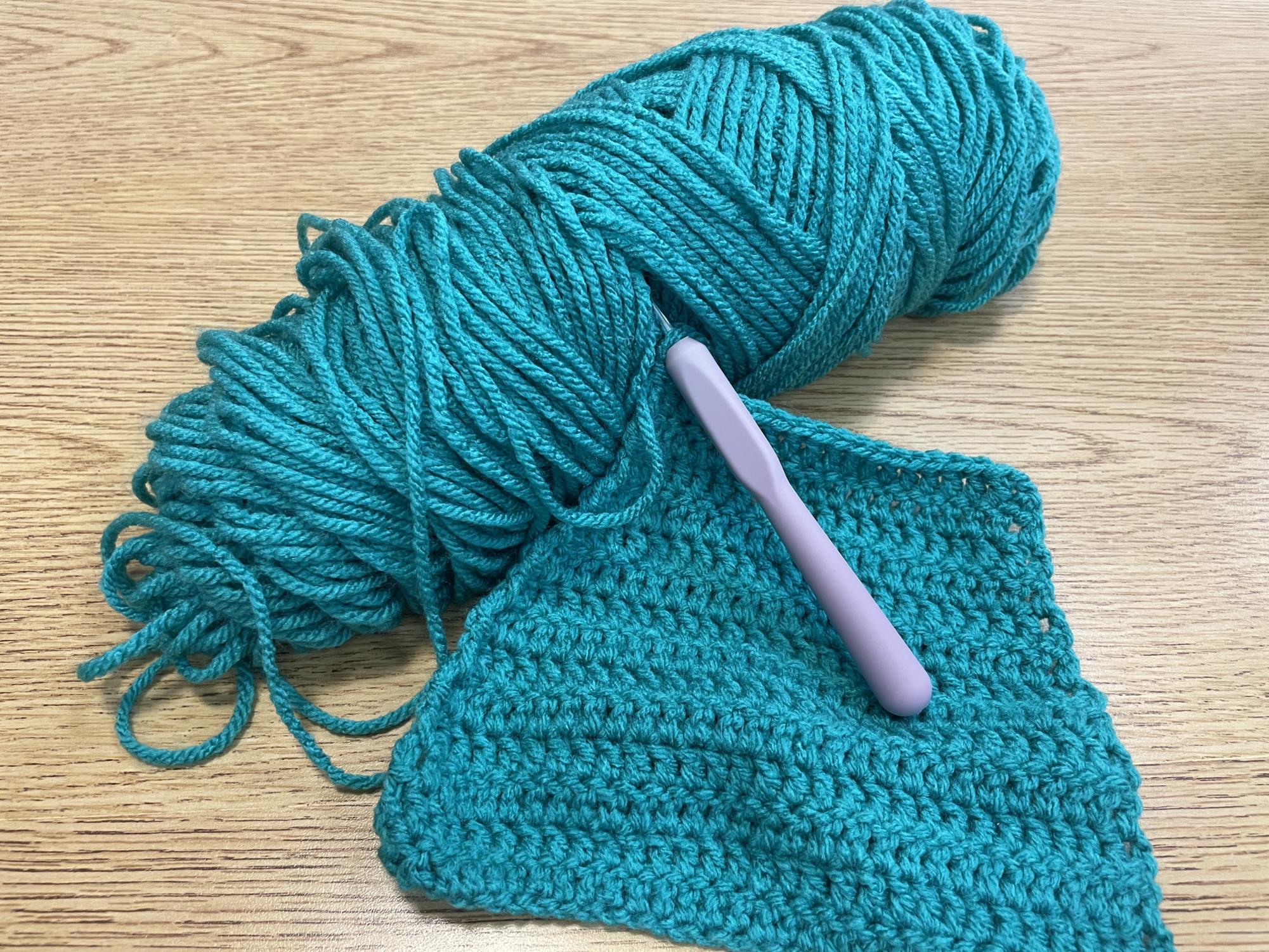 Skein of yarn and crochet hook, as well as an incomplete project. 