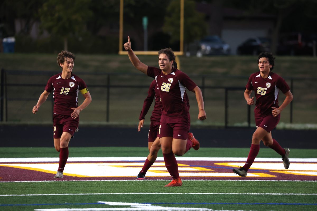 Cal Stuckert celebrates his second goal on a night where Chesterton beat Valparaiso on the Trojan home turf.